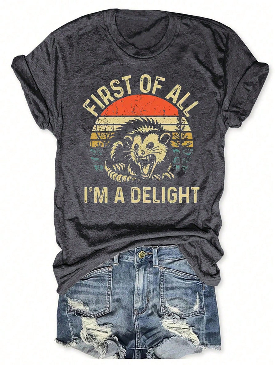 INAWLY 1pc Women's Funny Angry Mouse Graphic Print Round Neck T-Shirt, Delighted Satire Graphic Tees Women Tops
