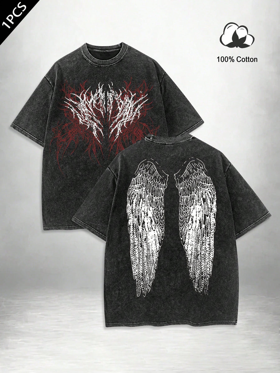 Manfinity EMRG Men's Angel Wings & Skull Graphic Print 100% Cotton Crew Neck T-Shirt,Dark Grey,Summer,Casual,Streetwear,City Break,Oversized Gothic Grunge Clothes