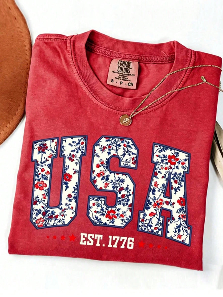 Floral USA EST.1776 Graphic Tee, Women's Oversized T-Shirt, Casual Streetwear Top, Soft Cotton, Summer 4th Of July Outfit,Loose Fit,Everyday Wear